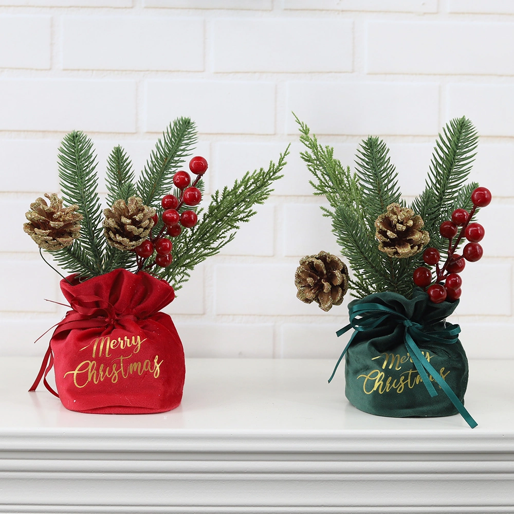 Árbol de Navidad artificial con piñas de pino y flores de frutos rojos, mini árbol de mesa, decoración navideña para el hogar. 1