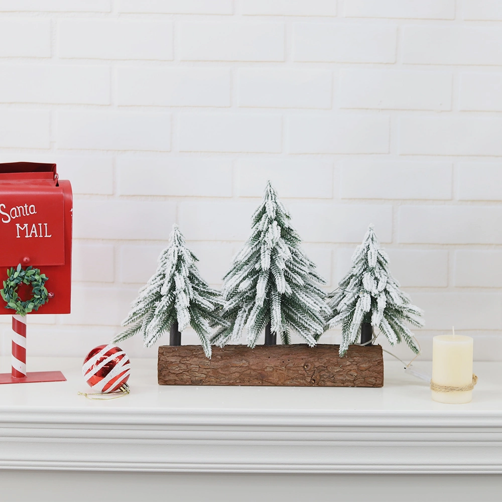 Árbol de Navidad con 3 luces y base de madera, decorado con copos de nieve. 1