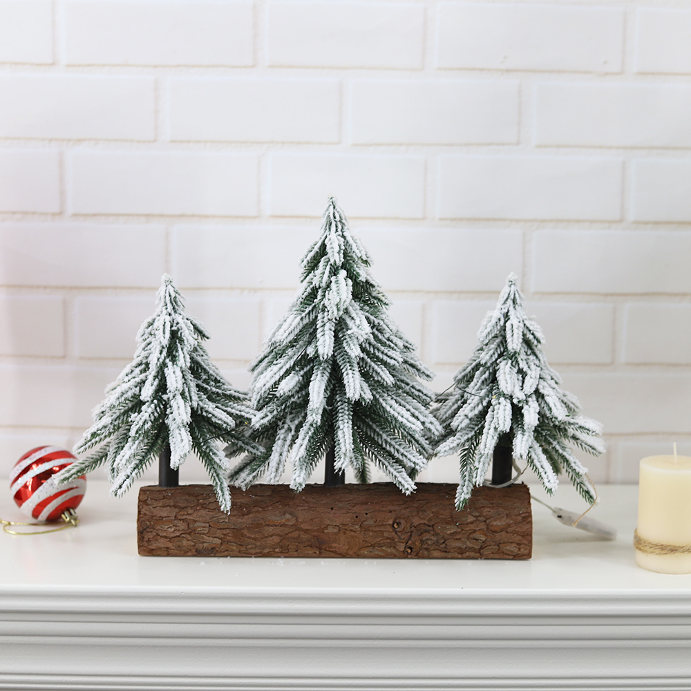 Árbol de Navidad con 3 luces y base de madera, decorado con copos de nieve. 2