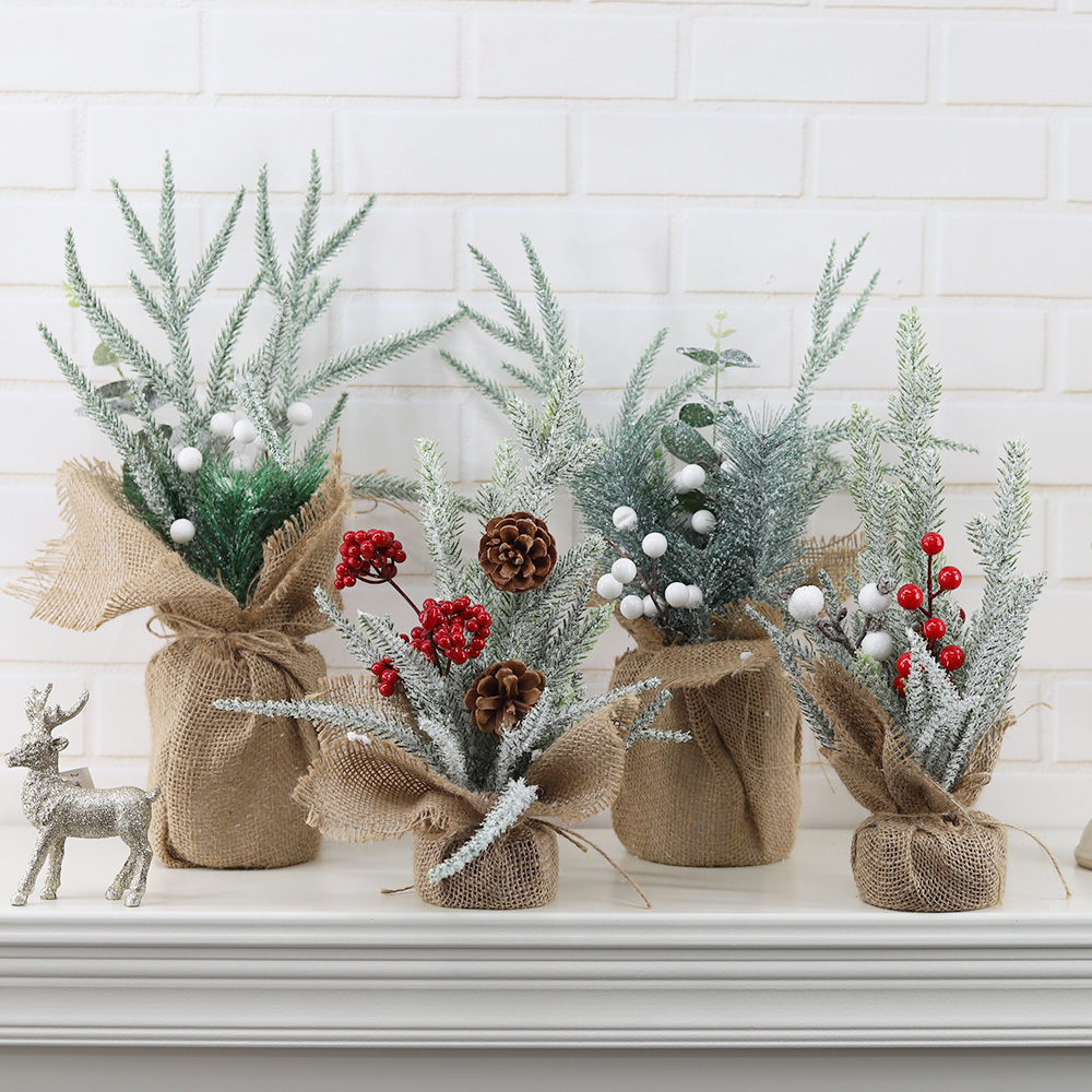 Holiday Home Christmas Decorations Mini Tabletop Christmas Tree with Red Berries Pine Cones 2