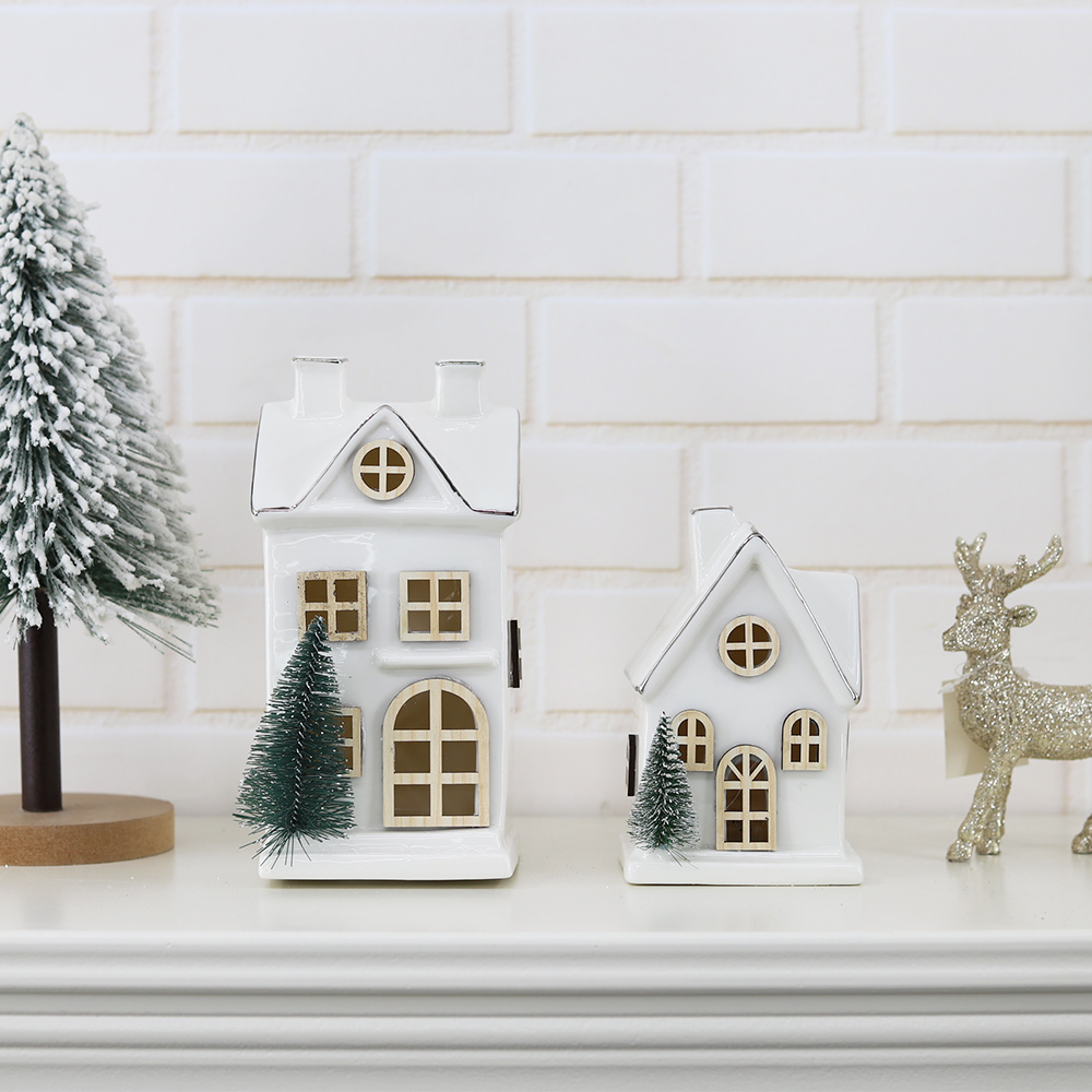 Navidad 2025 Weihnachten Geschenk Ornamente Nordics Ins Keramik Weihnachten LED Beleuchtete Haus 7
