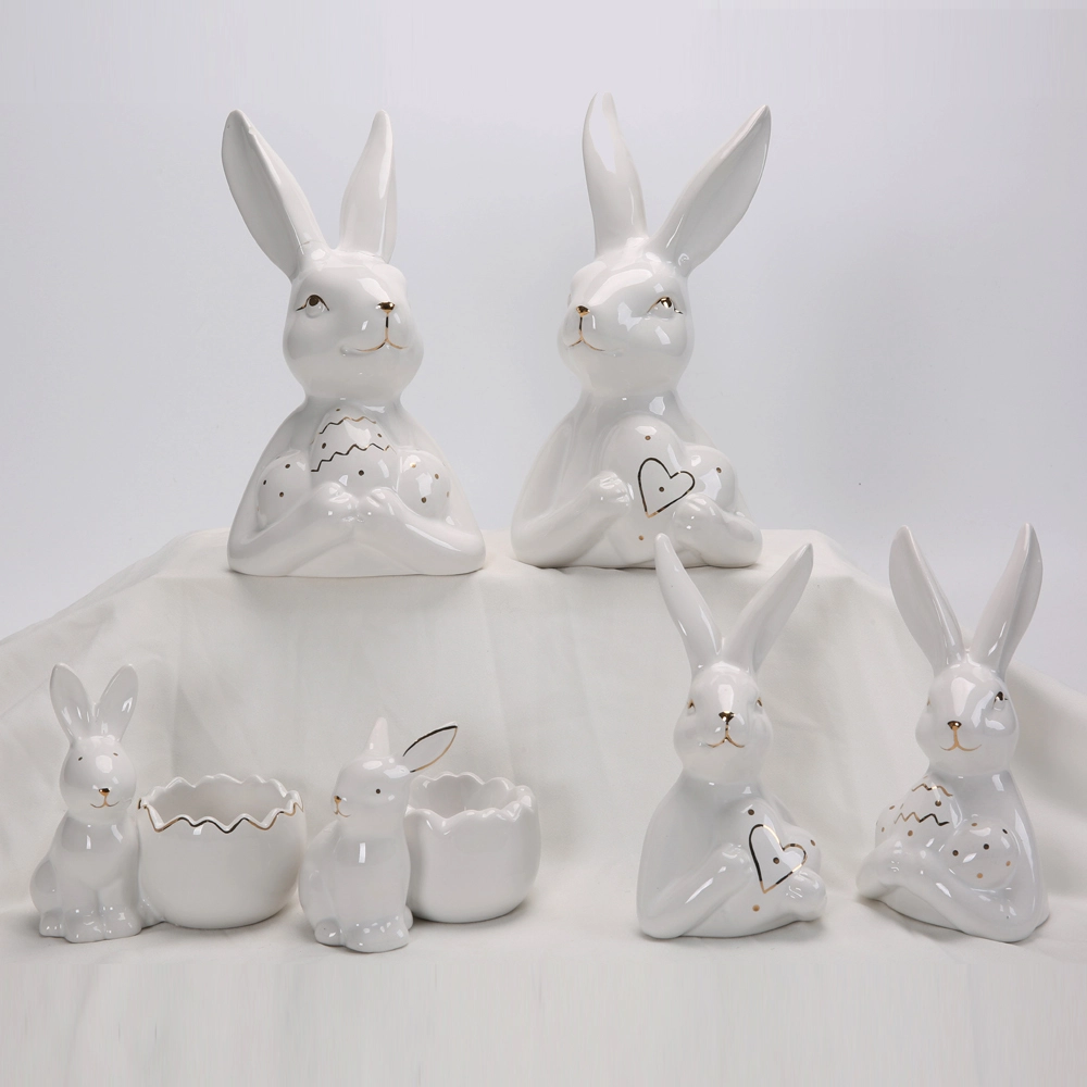 Conjunto de figuritas de conejo de cerámica blanca para decoración de escritorio del hogar, Pascua, primavera y primavera. 1