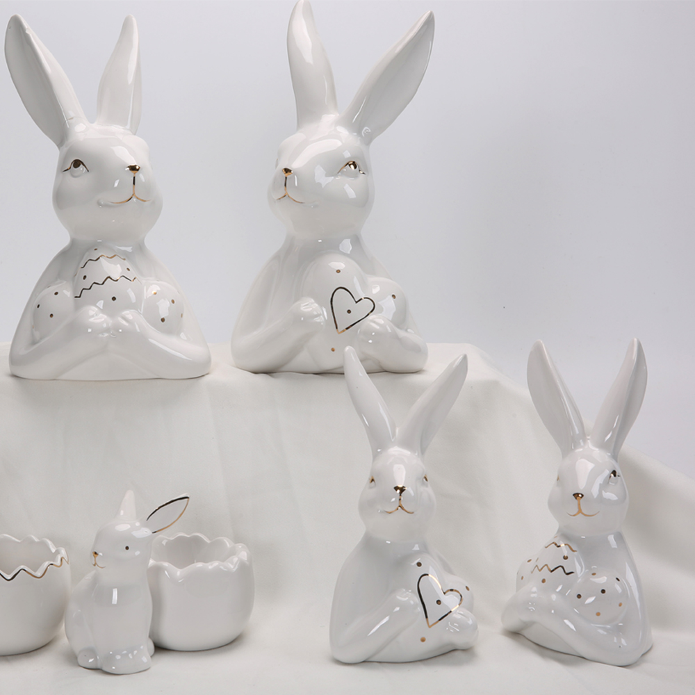 Frühling Ostern Decor Home Desktop Decor Weiß Keramik Kaninchen Figuren Statue Set 3