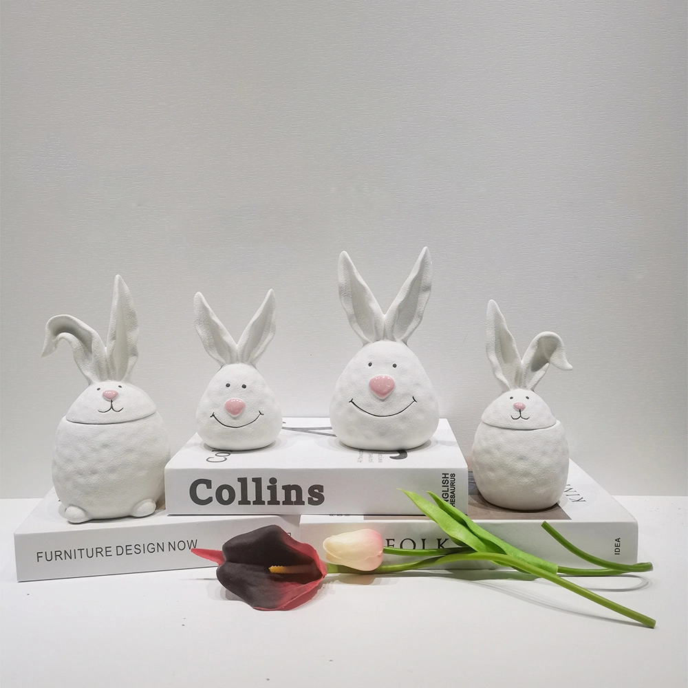 Decoración de escritorio para el hogar de primavera y Pascua, conjunto de decoración de conejito de Pascua, figura de conejo de cerámica 1