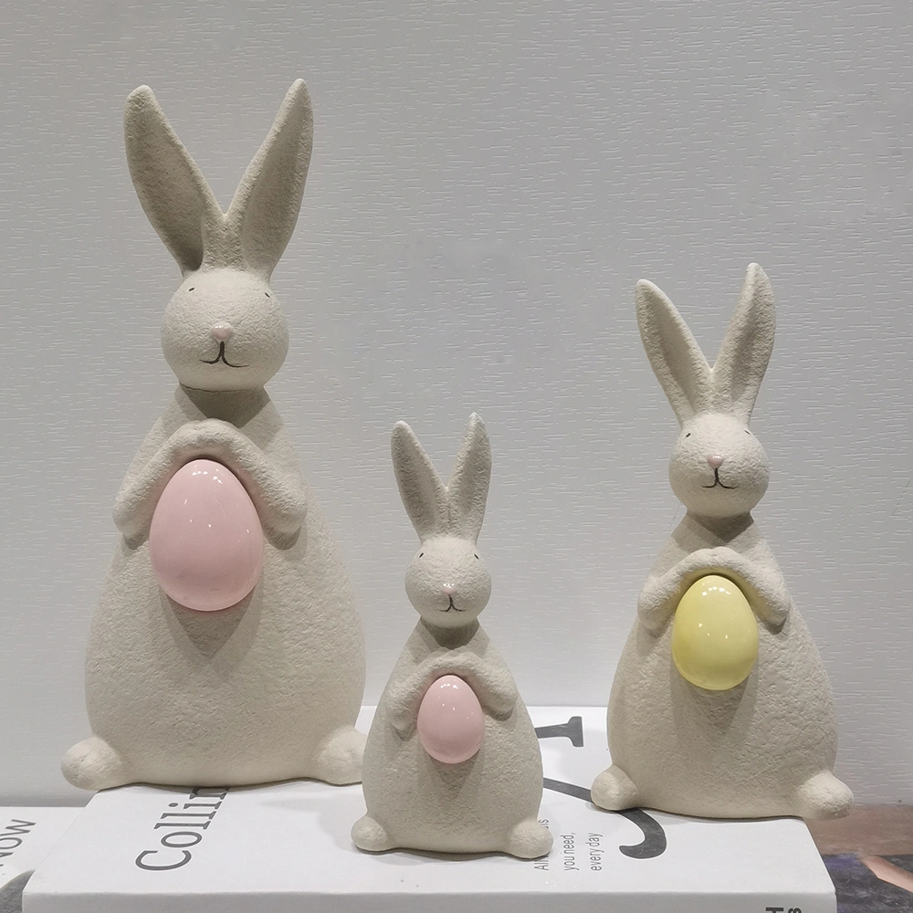 Figuras de conejo de Pascua de primavera con huevos de Pascua, adornos de cerámica 1