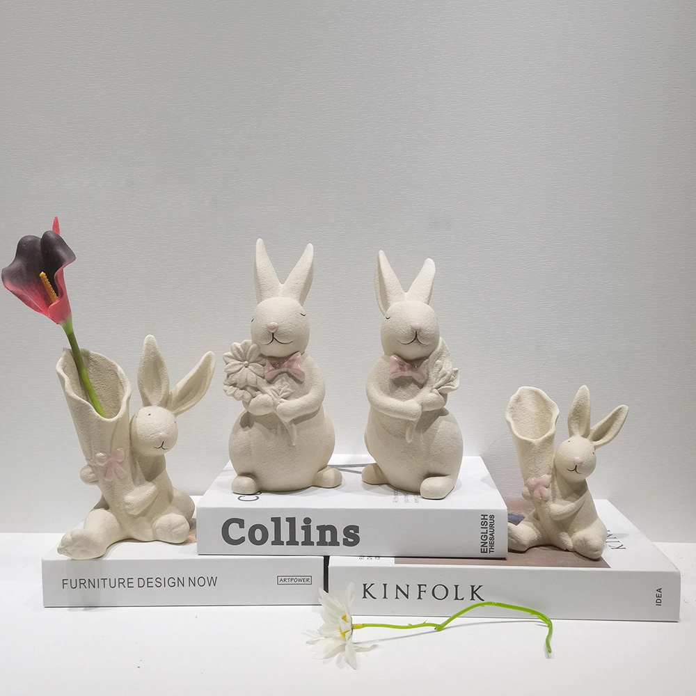 Hause Dekoration Statue Ornament Niedlichen Kaninchen Halten Eier Figuren Keramik Bunny Desktop Decor 1