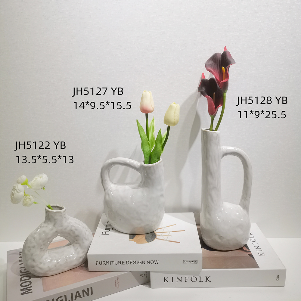 Jarrones de cerámica minimalistas modernos blancos con asa para decoración de estanterías de dormitorio y oficina en casa 4