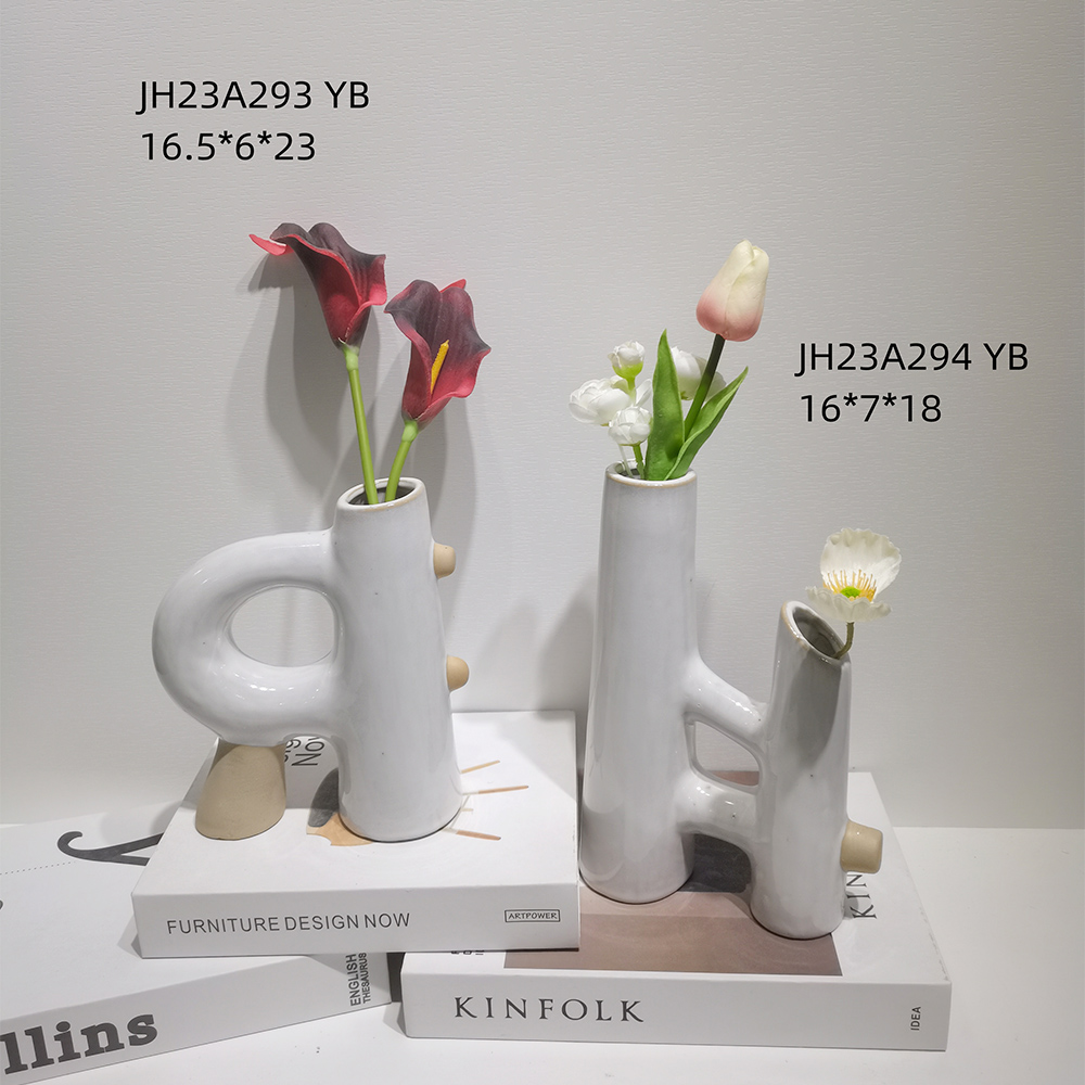 Jarrones de cerámica minimalistas modernos blancos con asa para decoración de estanterías de dormitorio y oficina en casa 5