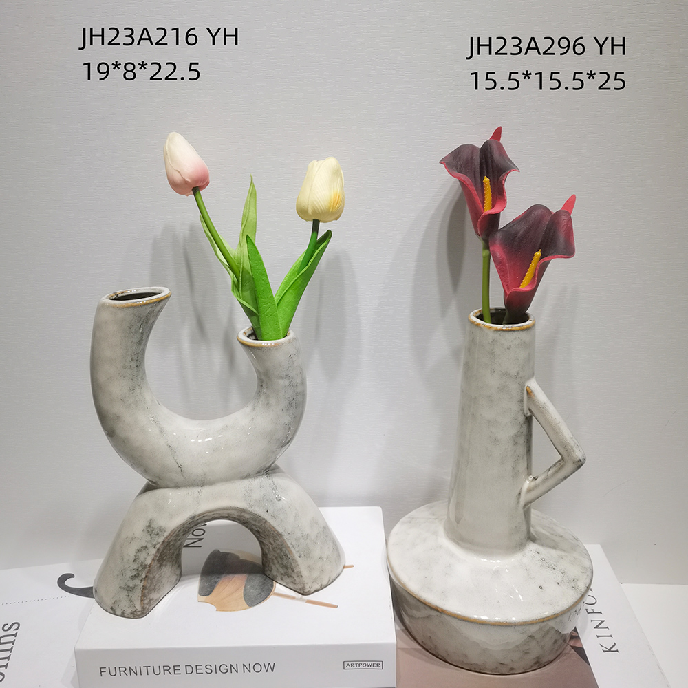 Jarrón decorativo de cerámica con asa, estilo rústico de granja vintage, para flores 2