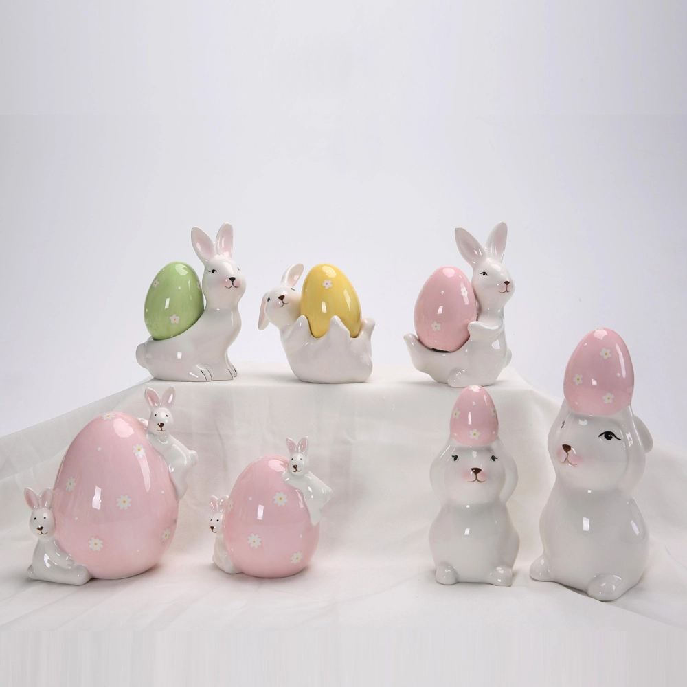 Easter Spring Ceramic Ornaments Bunny Rabbit Holding Eggs Easter Ceramic Bunny Figurine 1