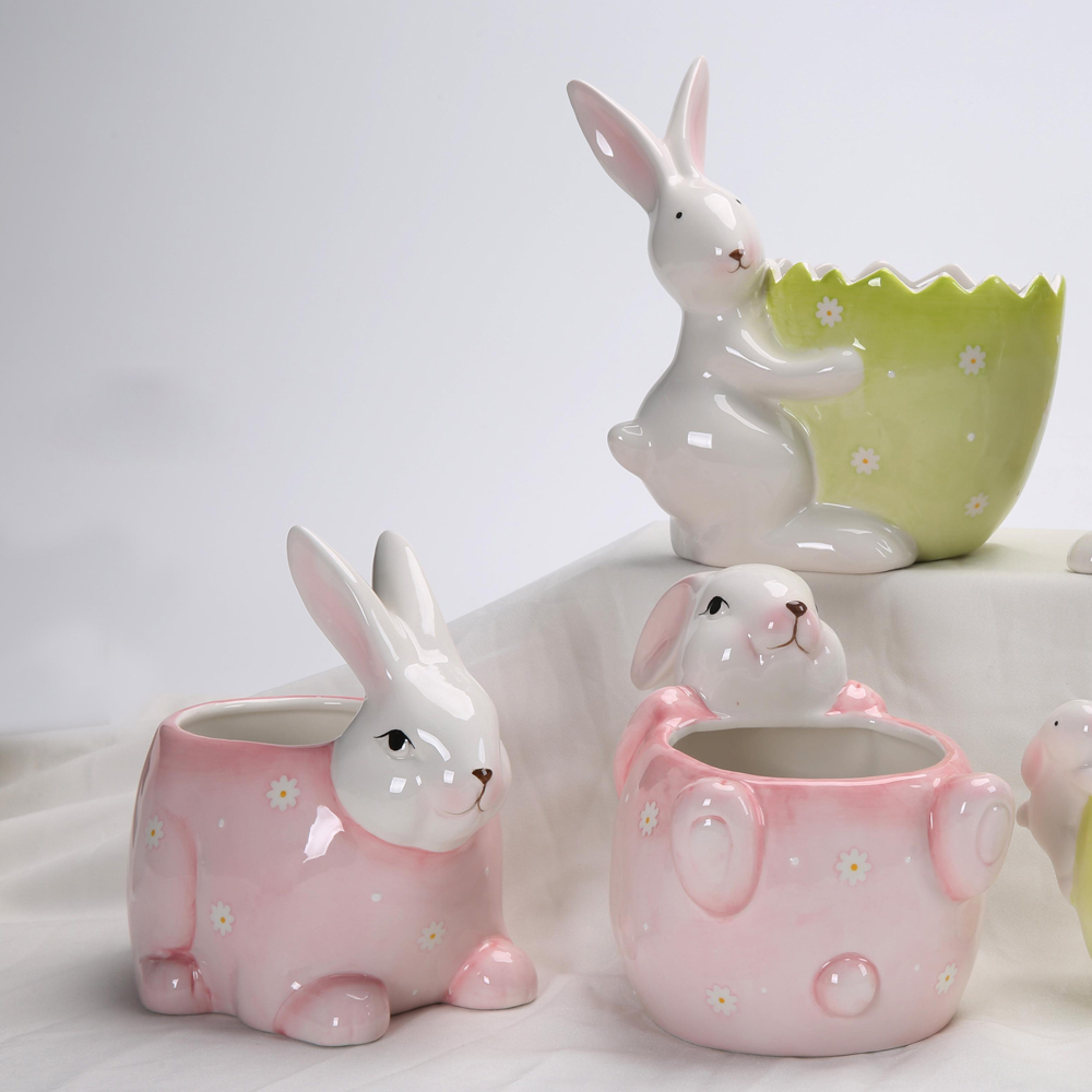Frühling Ostern Decor Home Desktop Decor Keramik Bunny Kaninchen Halten Korb Bunny Eier Figurine 3