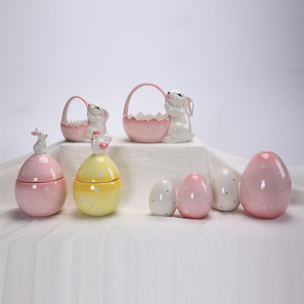 Frühling Ostern Decor Home Desktop Decor Keramik Bunny Kaninchen Halten Korb Bunny Eier Figurine 2