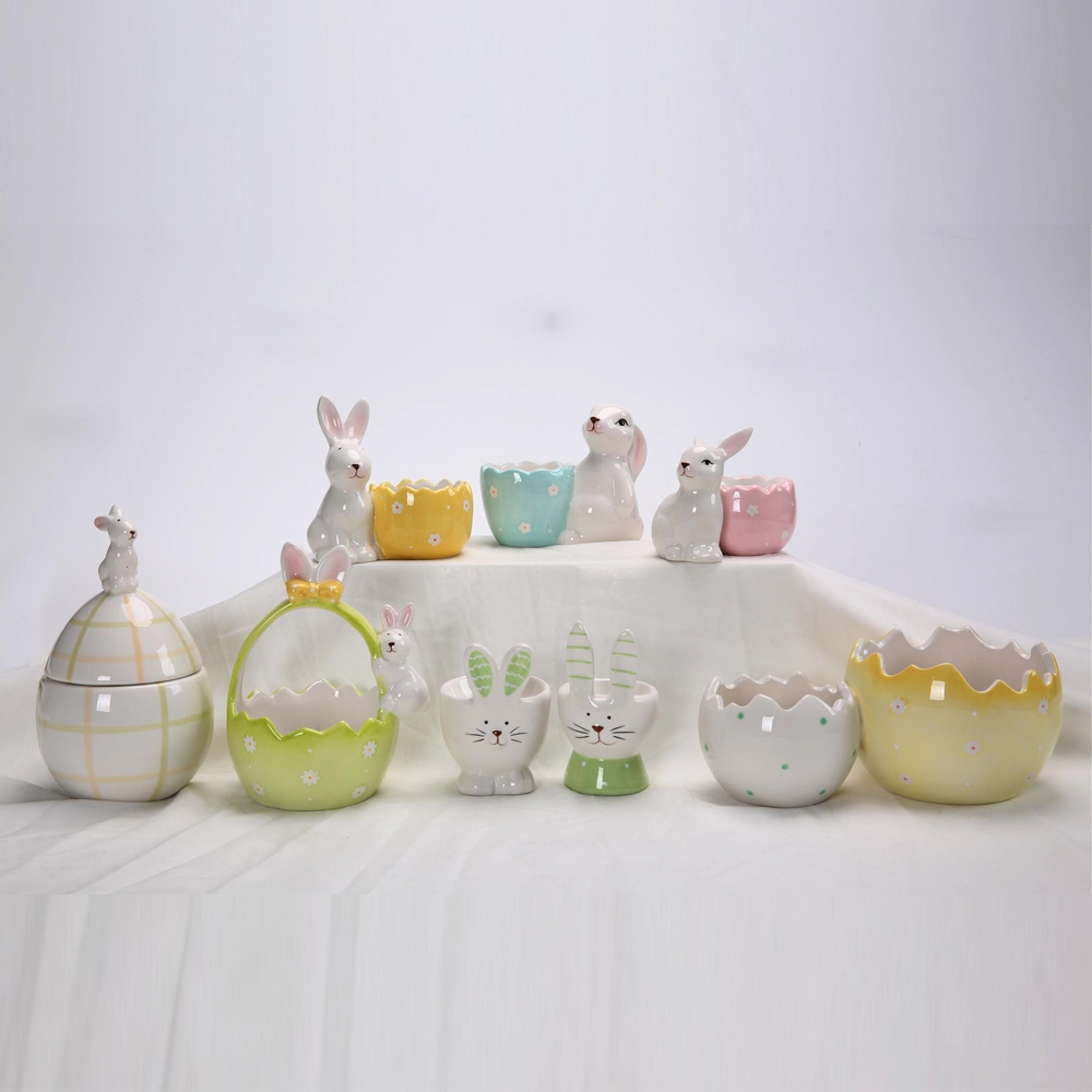 Decoración de Pascua de primavera, decoración de escritorio para el hogar, figura de conejo de cerámica con cesta de huevos de conejo 1