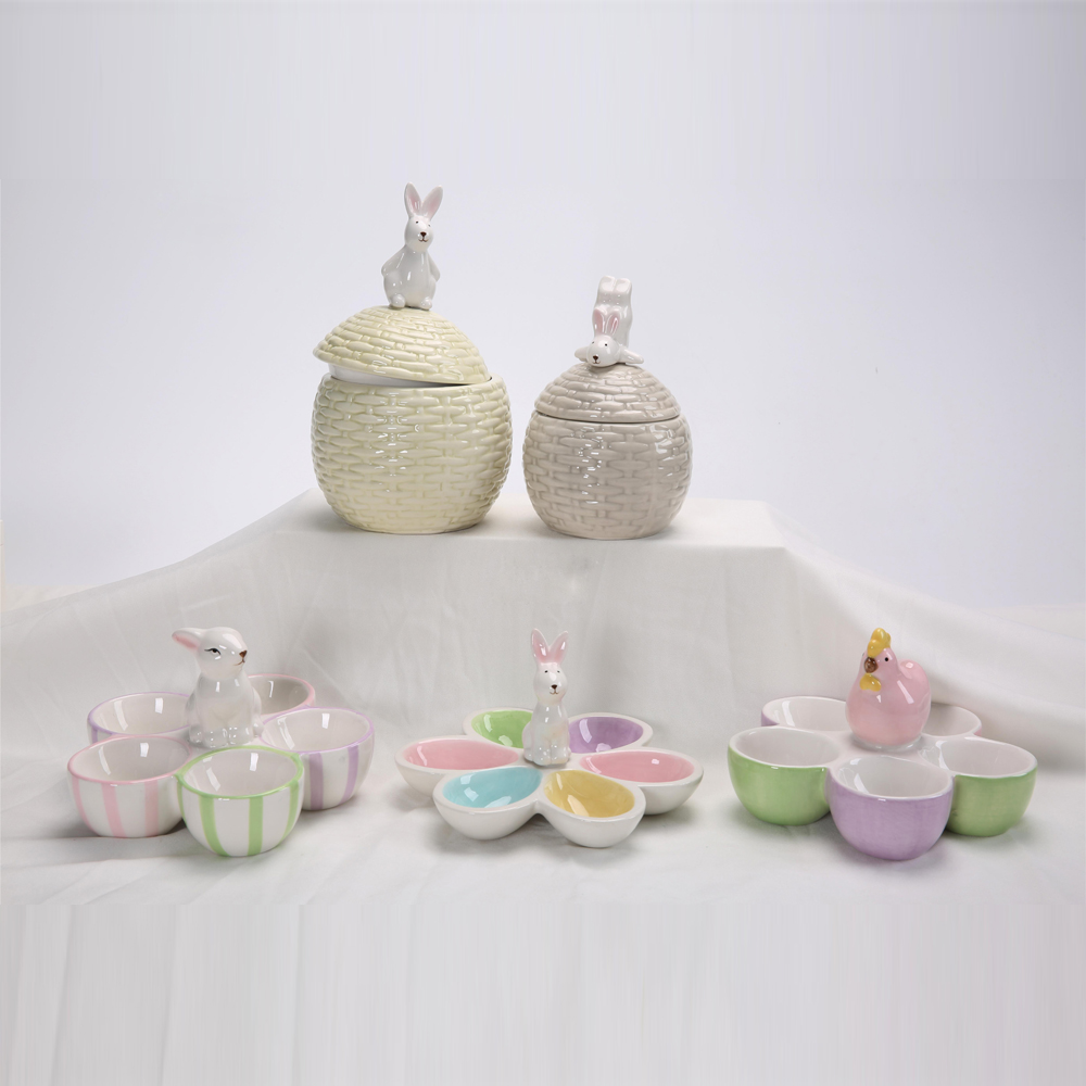 Frühling Ostern Decor Home Desktop Decor Keramik Bunny Kaninchen Halten Korb Bunny Eier Figurine 5