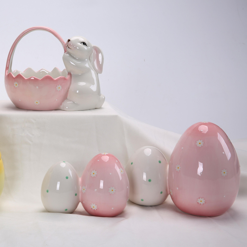 Frühling Ostern Decor Home Desktop Decor Keramik Bunny Kaninchen Halten Korb Bunny Eier Figurine 7