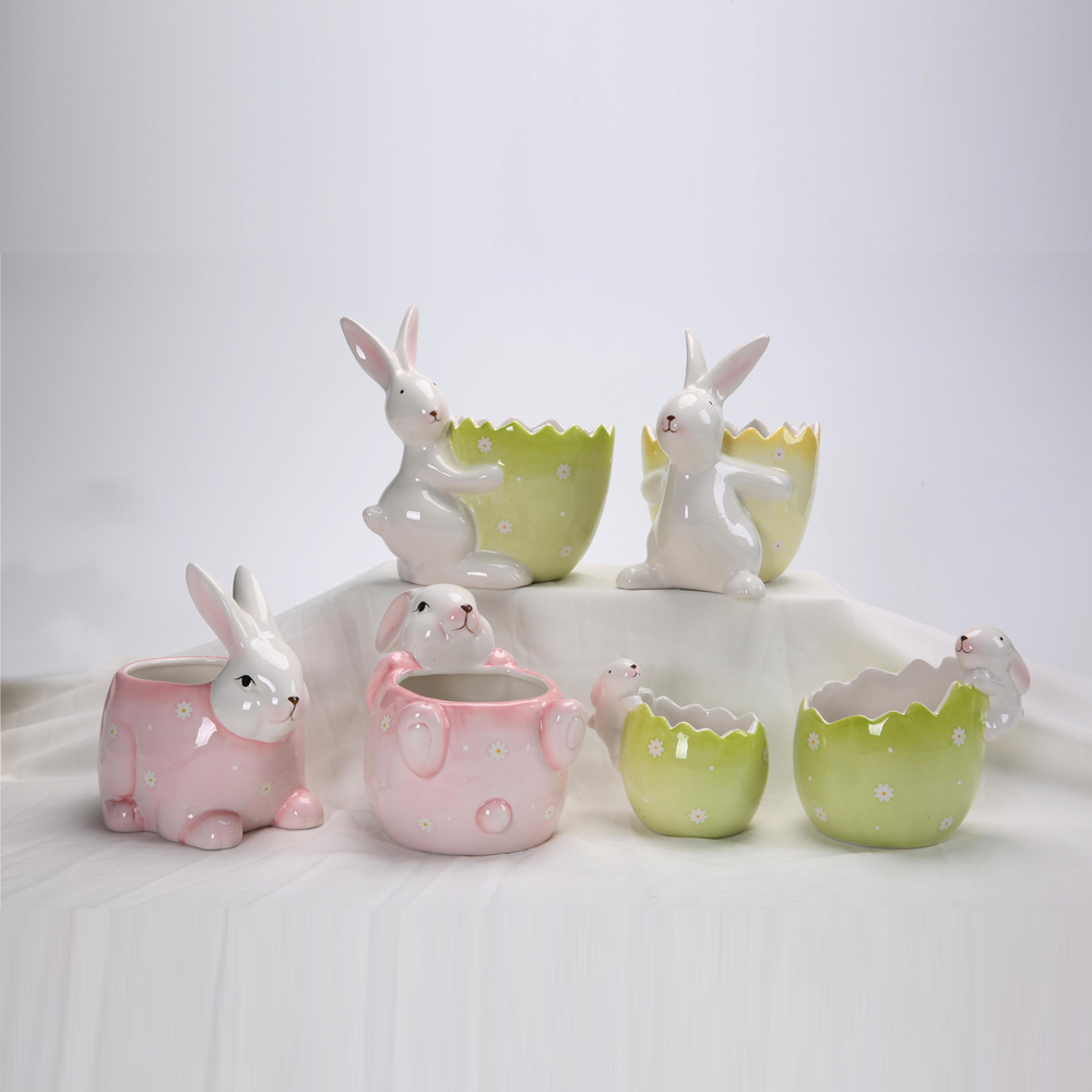 Frühling Ostern Decor Home Desktop Decor Keramik Bunny Kaninchen Halten Korb Bunny Eier Figurine 4