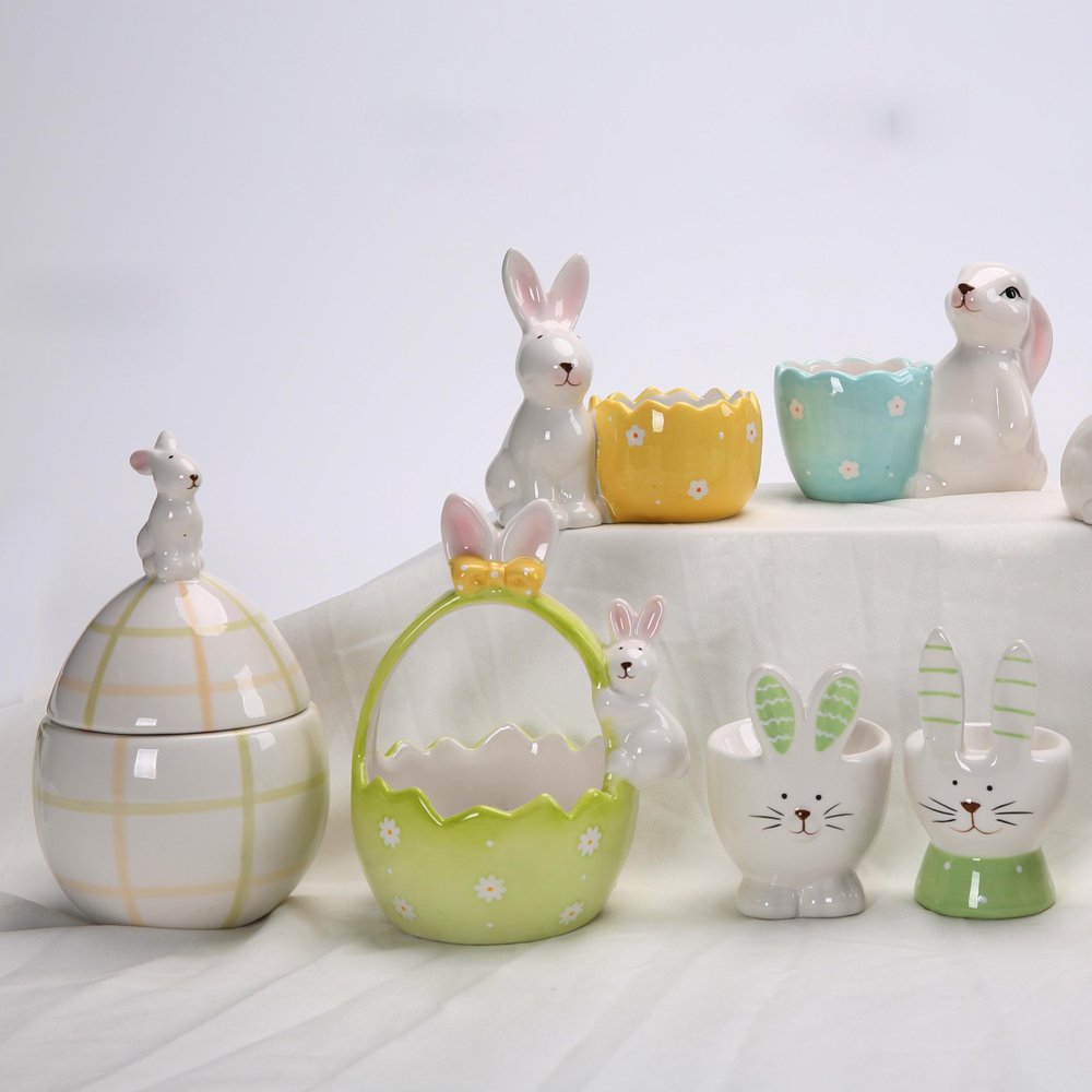 Frühling Ostern Decor Home Desktop Decor Keramik Bunny Kaninchen Halten Korb Bunny Eier Figurine 6