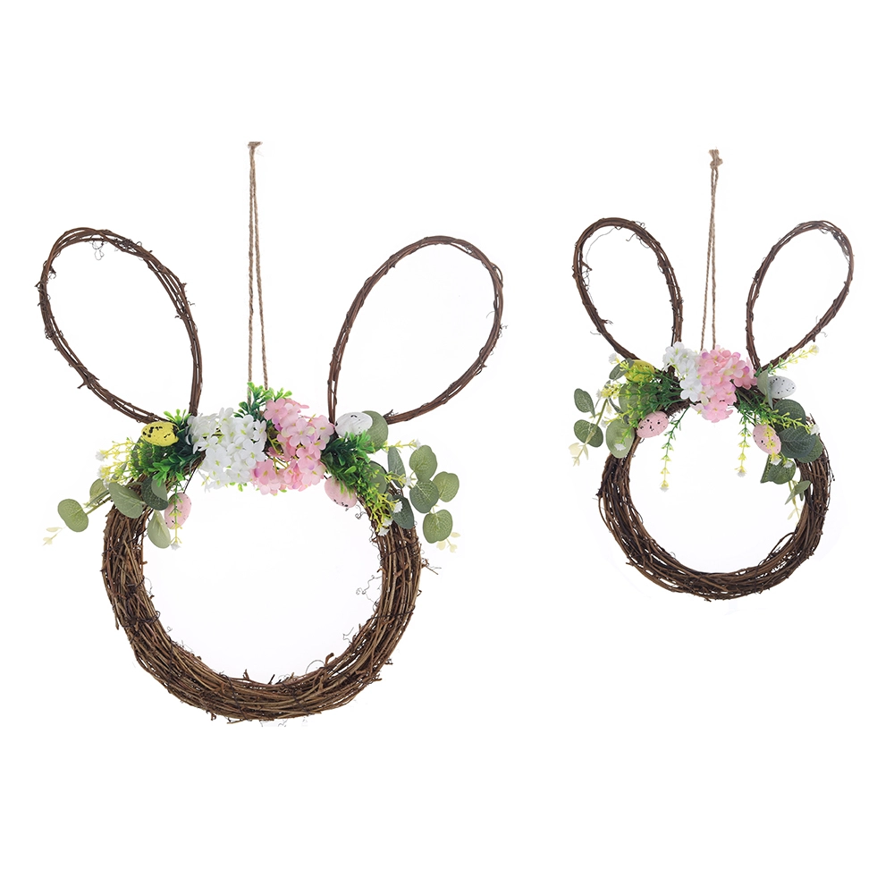 Corona de primavera de conejo de Pascua con huevo para colgar en la puerta principal. Corona de flores artificiales de conejo. 1