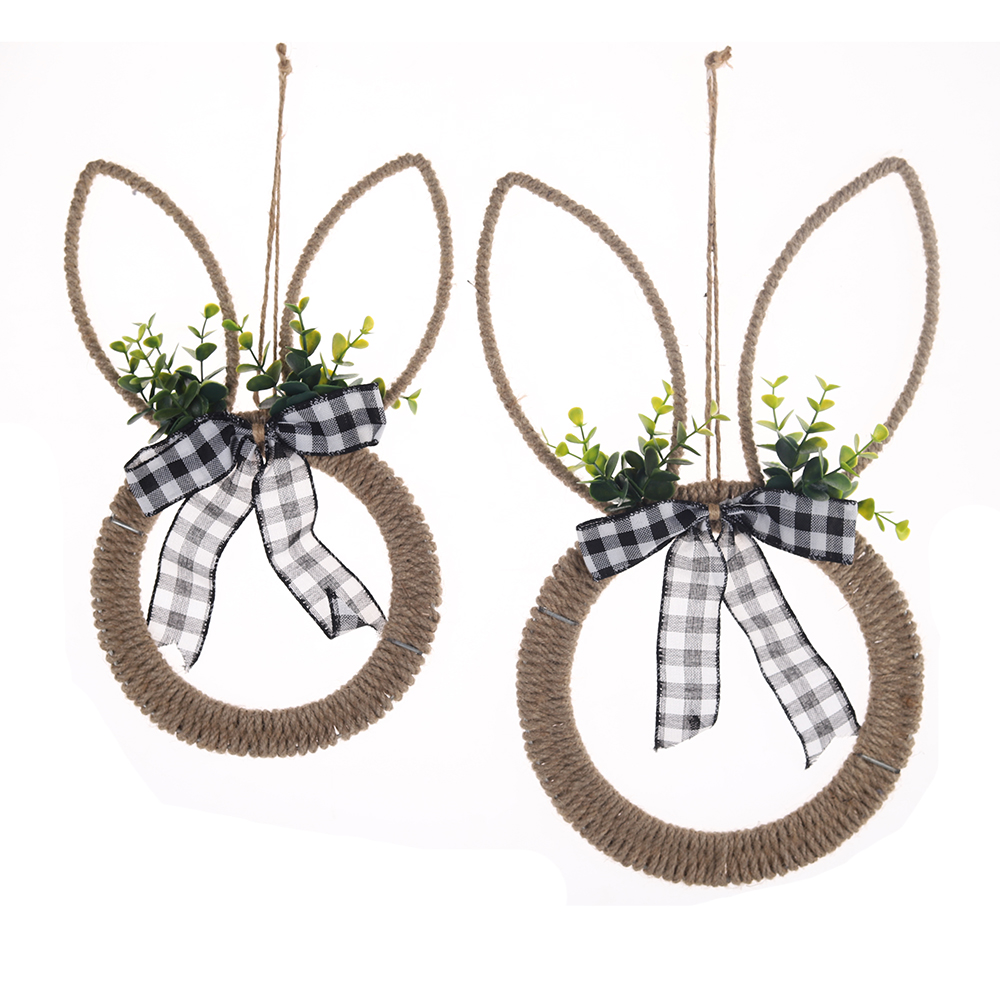 Corona de primavera de conejo de Pascua con huevo para colgar en la puerta principal. Corona de flores artificiales de conejo. 2