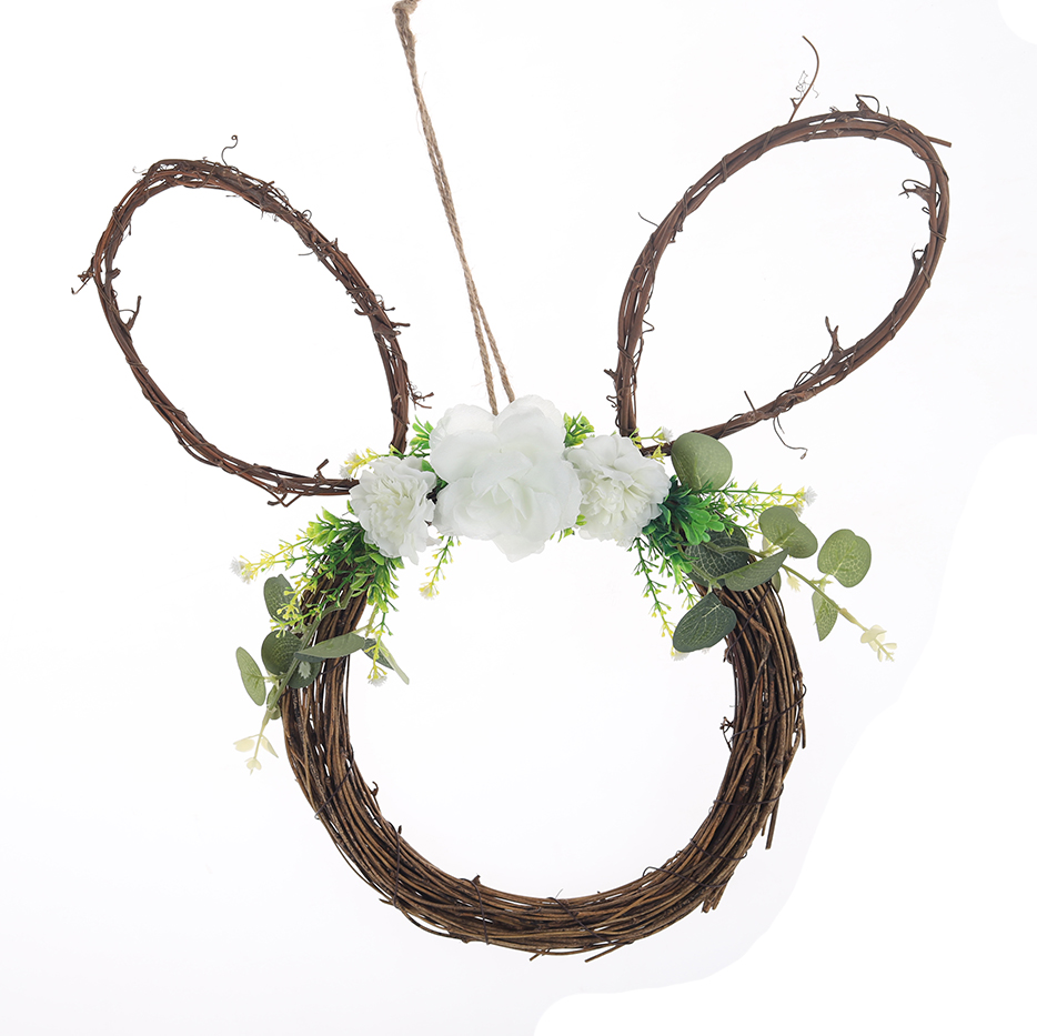 Corona de primavera de conejo de Pascua con huevo para colgar en la puerta principal. Corona de flores artificiales de conejo. 3
