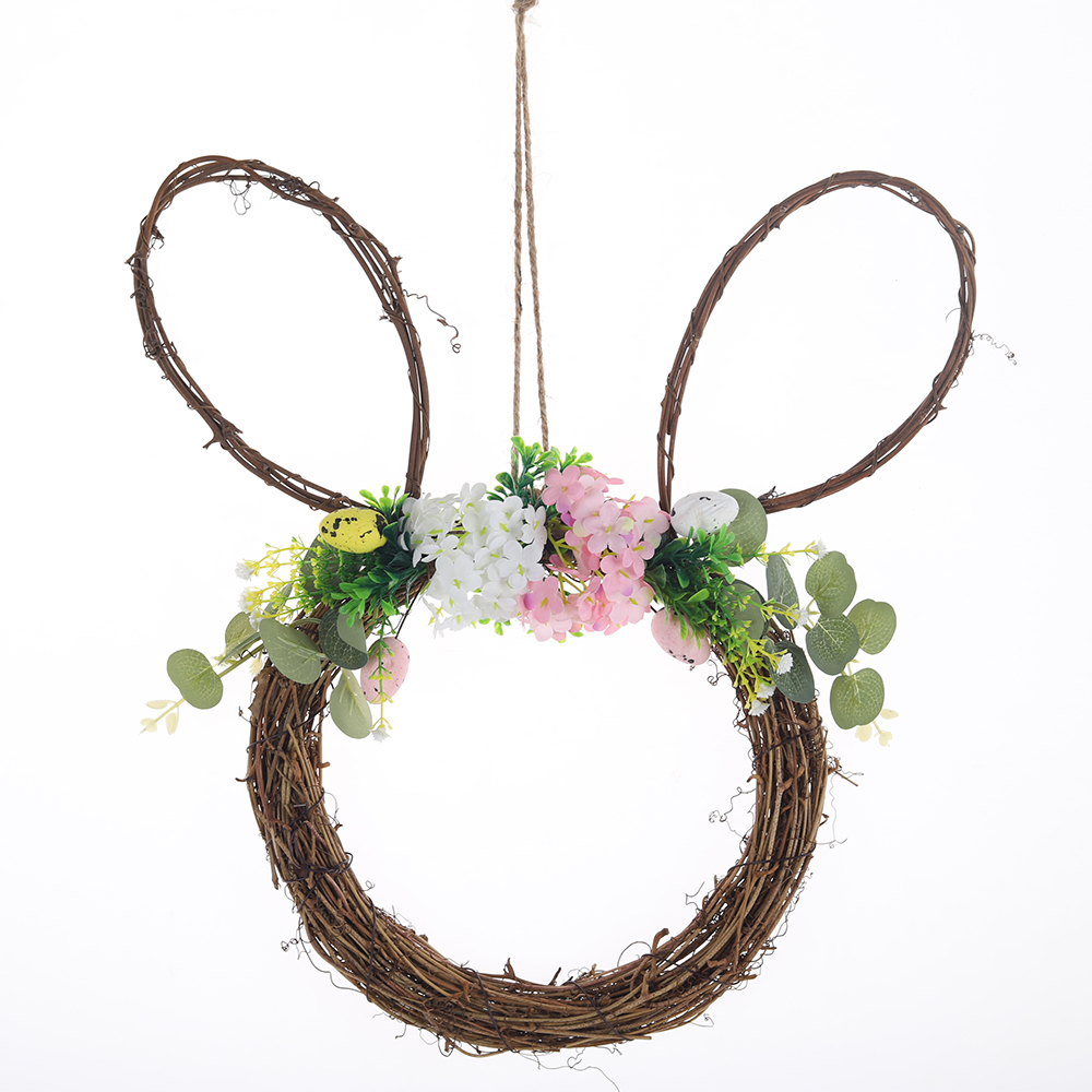 Corona de primavera de conejo de Pascua con huevo para colgar en la puerta principal. Corona de flores artificiales de conejo. 4