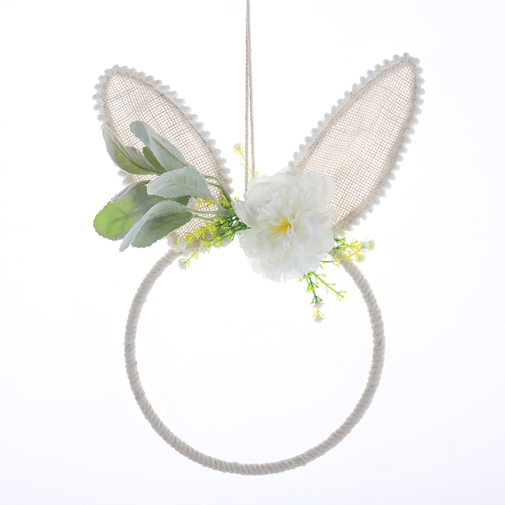 Corona de primavera de conejo de Pascua con huevo para colgar en la puerta principal. Corona de flores artificiales de conejo. 10