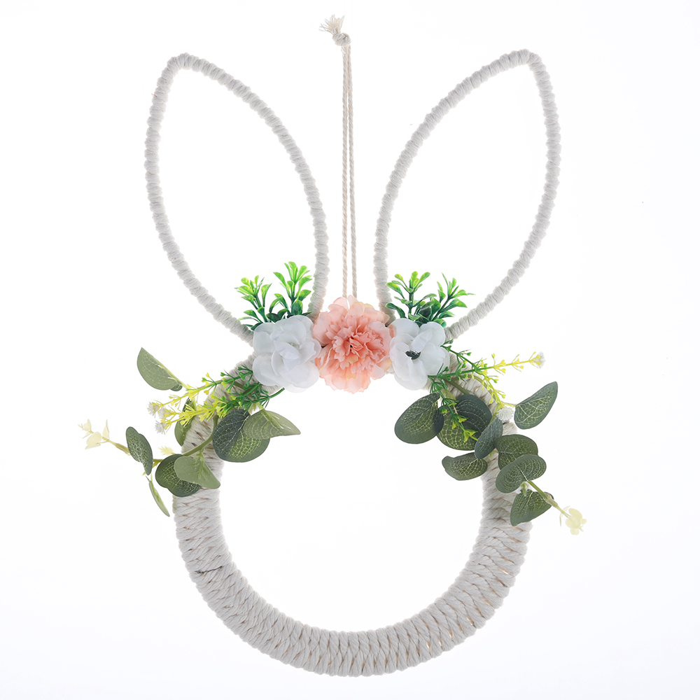 Corona de primavera de conejo de Pascua con huevo para colgar en la puerta principal. Corona de flores artificiales de conejo. 8