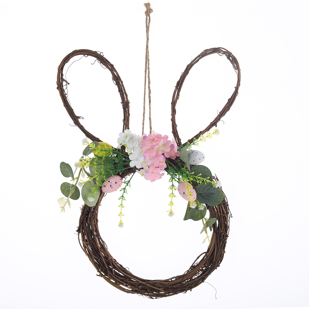 Corona de primavera de conejo de Pascua con huevo para colgar en la puerta principal. Corona de flores artificiales de conejo. 13