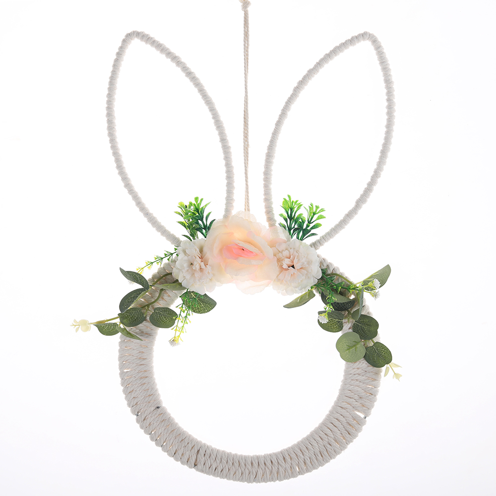 Corona de primavera de conejo de Pascua con huevo para colgar en la puerta principal. Corona de flores artificiales de conejo. 12