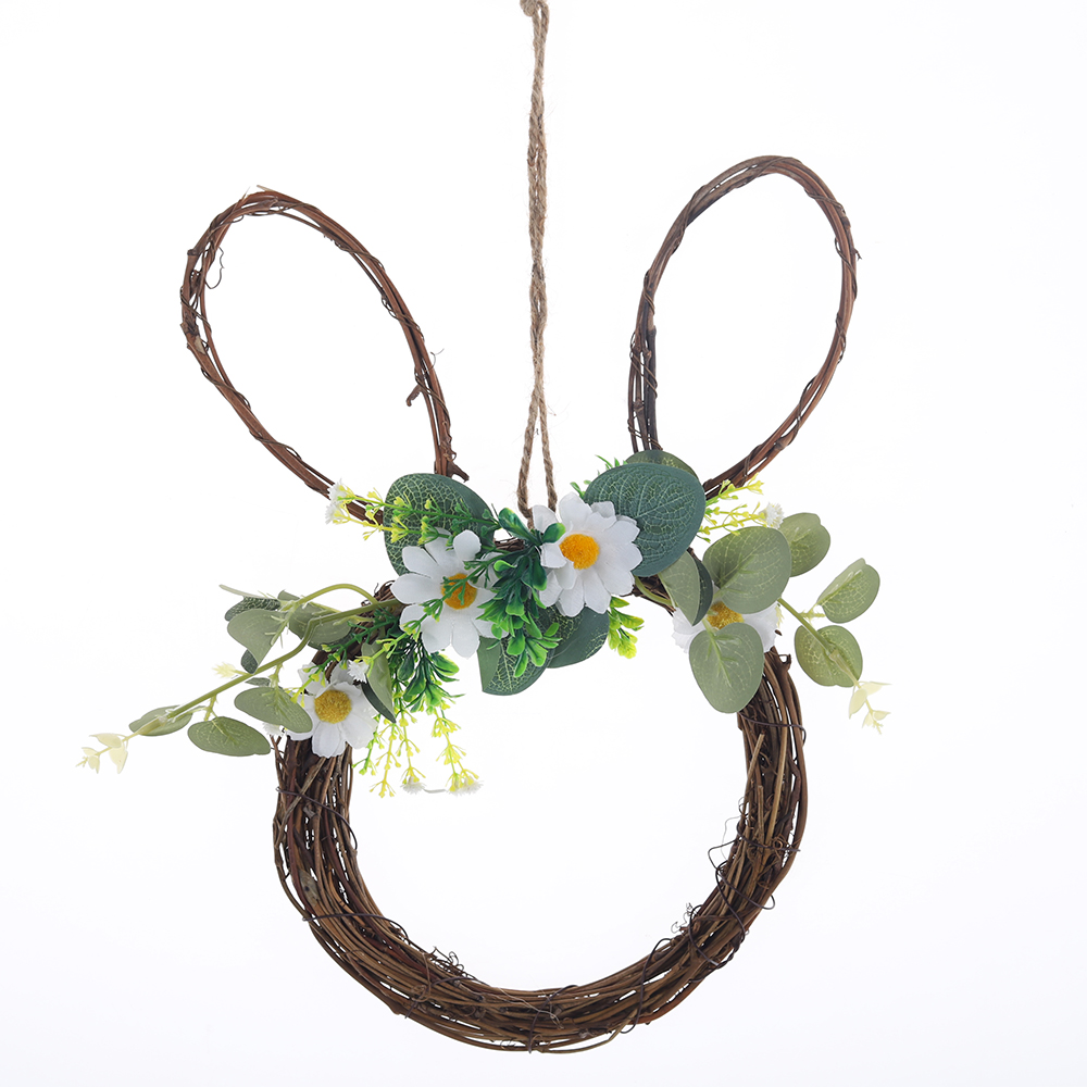 Corona de primavera de conejo de Pascua con huevo para colgar en la puerta principal. Corona de flores artificiales de conejo. 14