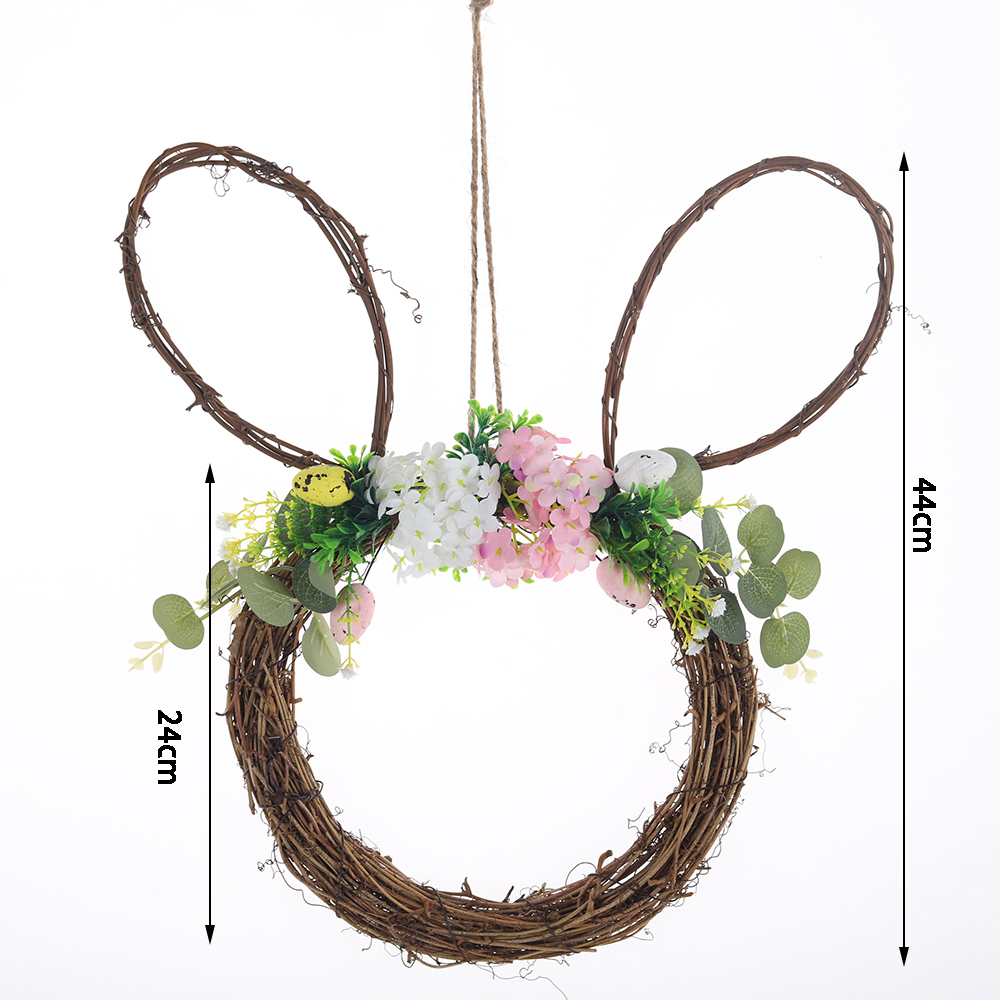 Corona de primavera de conejo de Pascua con huevo para colgar en la puerta principal. Corona de flores artificiales de conejo. 16
