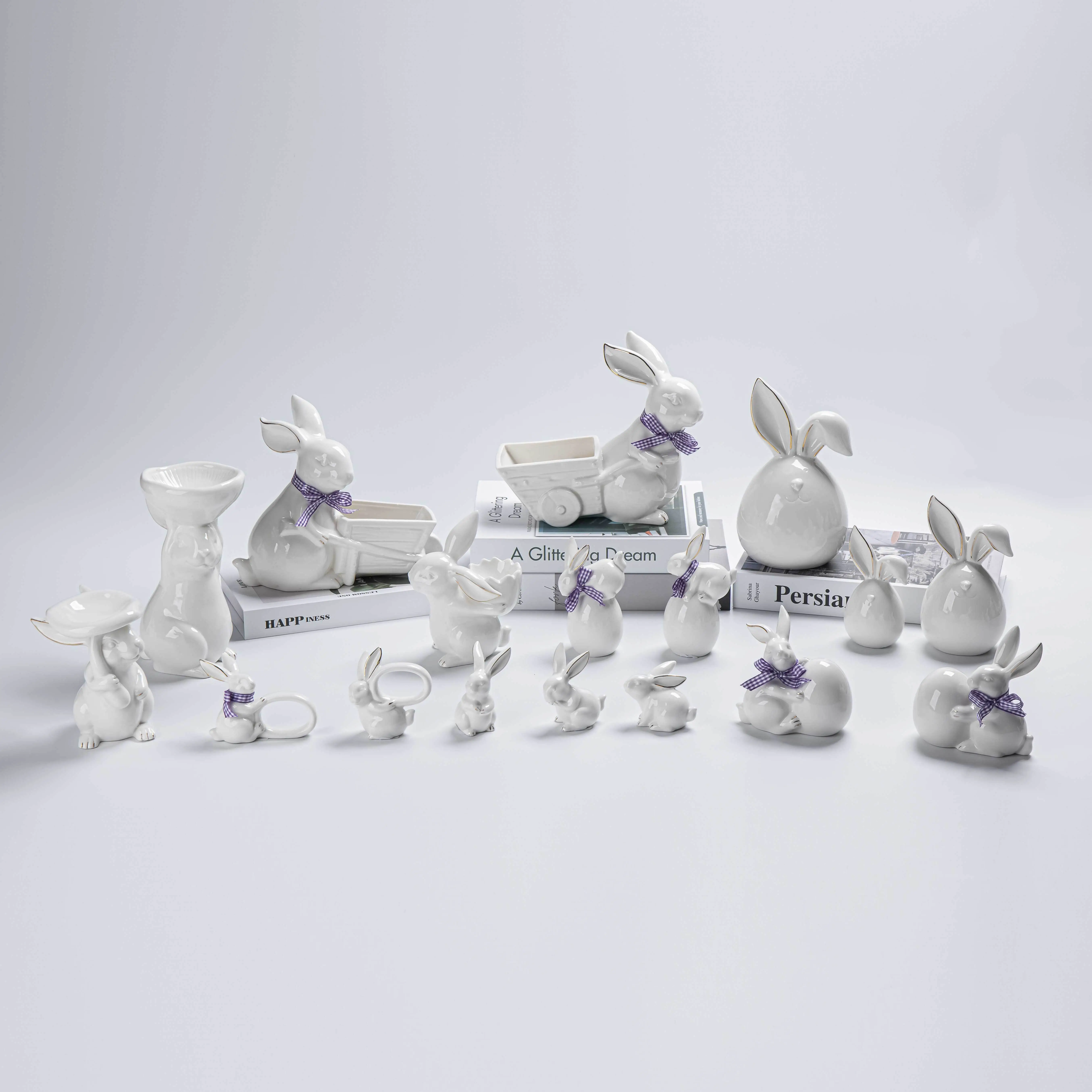 Mini figuras de conejo de cerámica, lindas esculturas en miniatura blancas para sala de estar, estilo moderno, estatua, maceta, tipo de mobiliario. 1