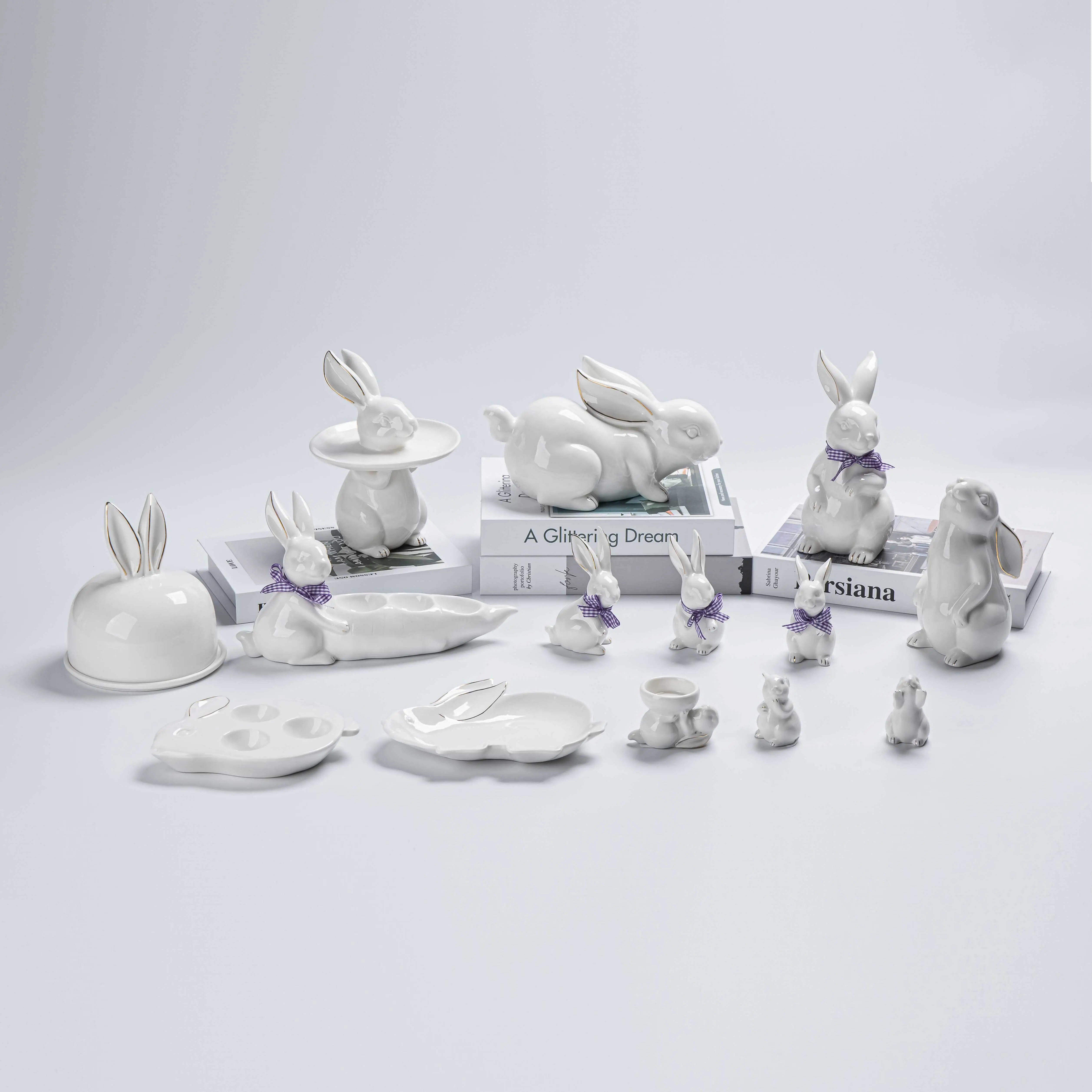Figuras de conejo de cerámica para decoración de escritorio, lindas figuras de conejo blanco, mueble de porcelana, decoración del hogar, estatua, adorno, paisaje animal de China 1