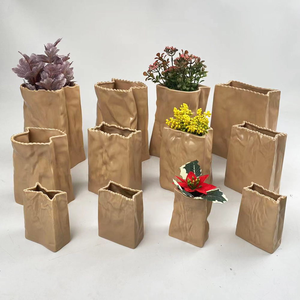 Jarrón de cerámica, florero, florero con forma de bolsa de papel arrugado, florero de cerámica, florero decorativo, florero para bodas, comedor, estantería 1