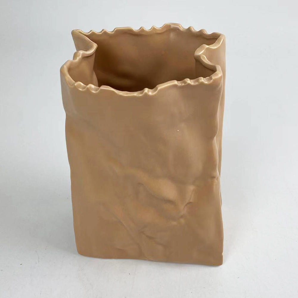 Jarrón de cerámica, florero, florero con forma de bolsa de papel arrugado, florero de cerámica, florero decorativo, florero para bodas, comedor, estantería 2