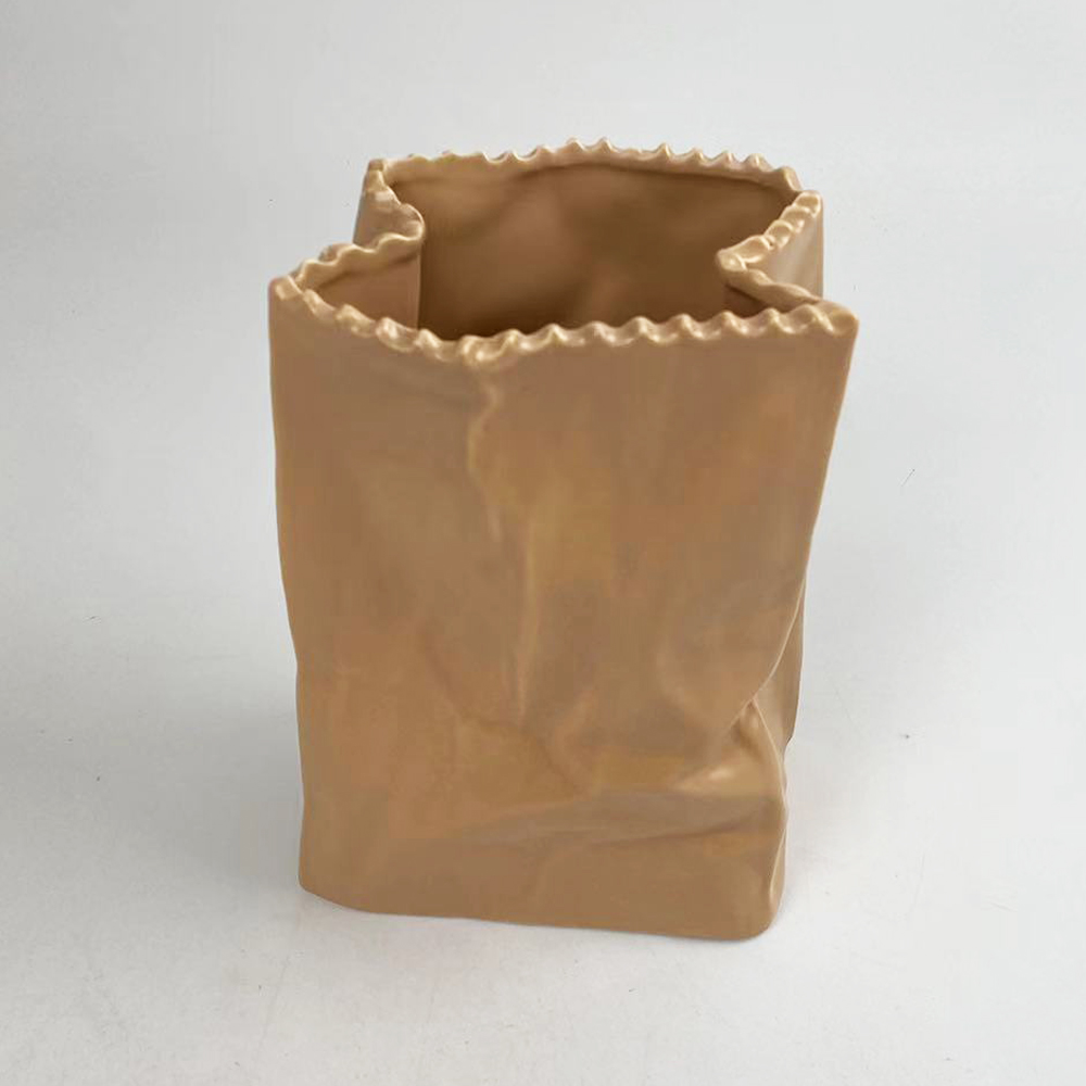 Jarrón de cerámica, florero, florero con forma de bolsa de papel arrugado, florero de cerámica, florero decorativo, florero para bodas, comedor, estantería 3