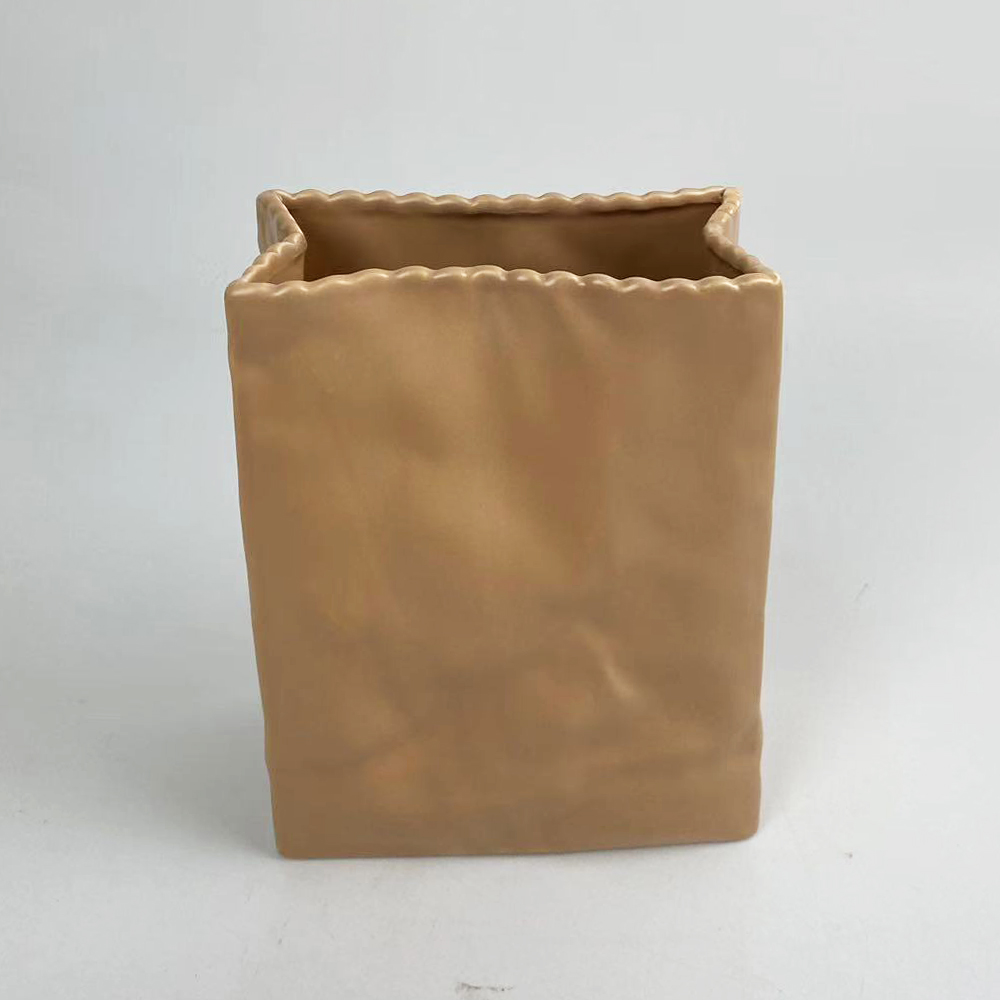 Jarrón de cerámica, florero, florero con forma de bolsa de papel arrugado, florero de cerámica, florero decorativo, florero para bodas, comedor, estantería 5