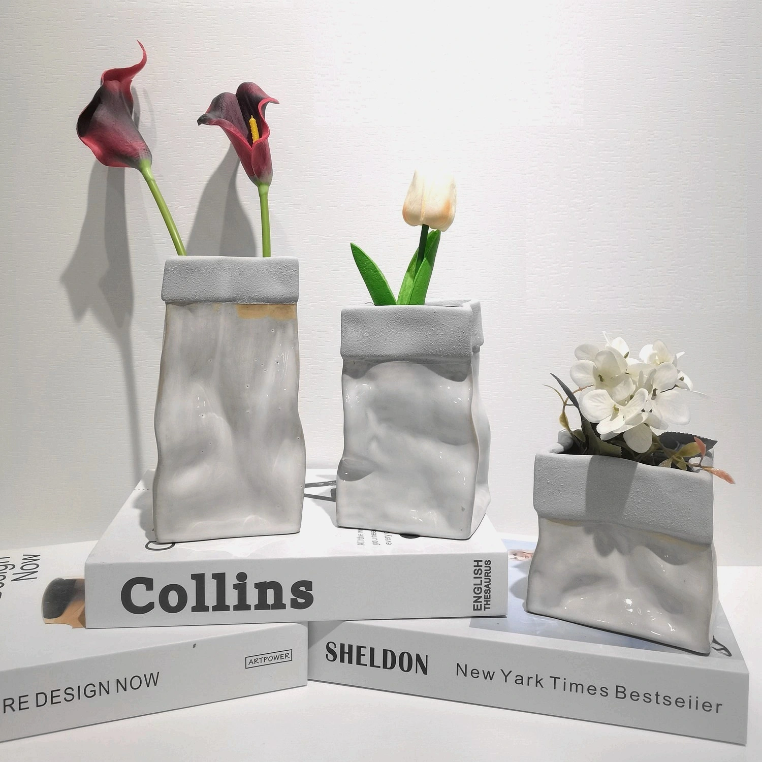 Vasen Weiß Falten Papier Tasche Keramik Dekor Wohnzimmer Blume Anordnung Blume Desktop Decor Home Decor 1