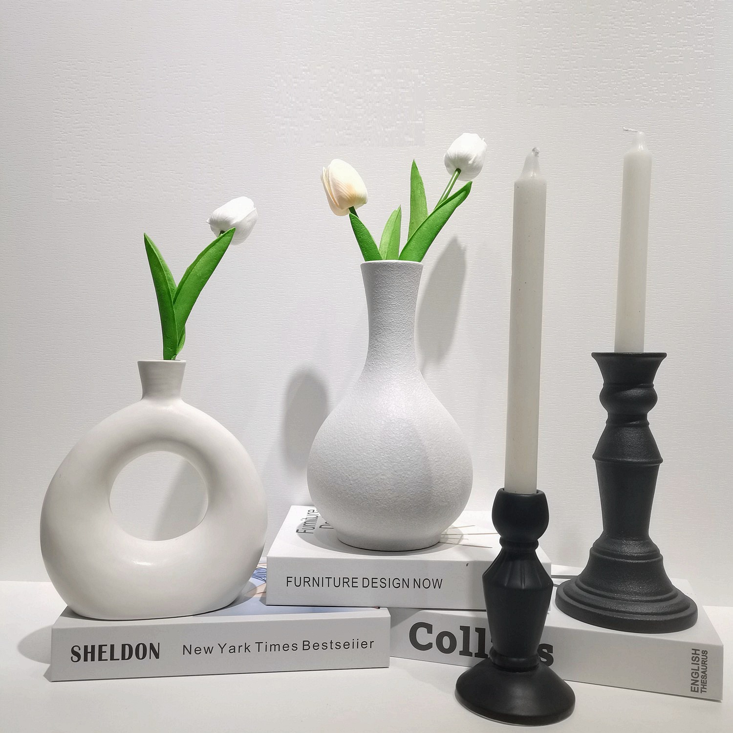 Jarrones Pampa triangulares blancos y negros de alta calidad, jarrones minimalistas nórdicos bohemios, florero geométrico de cerámica mate. 1