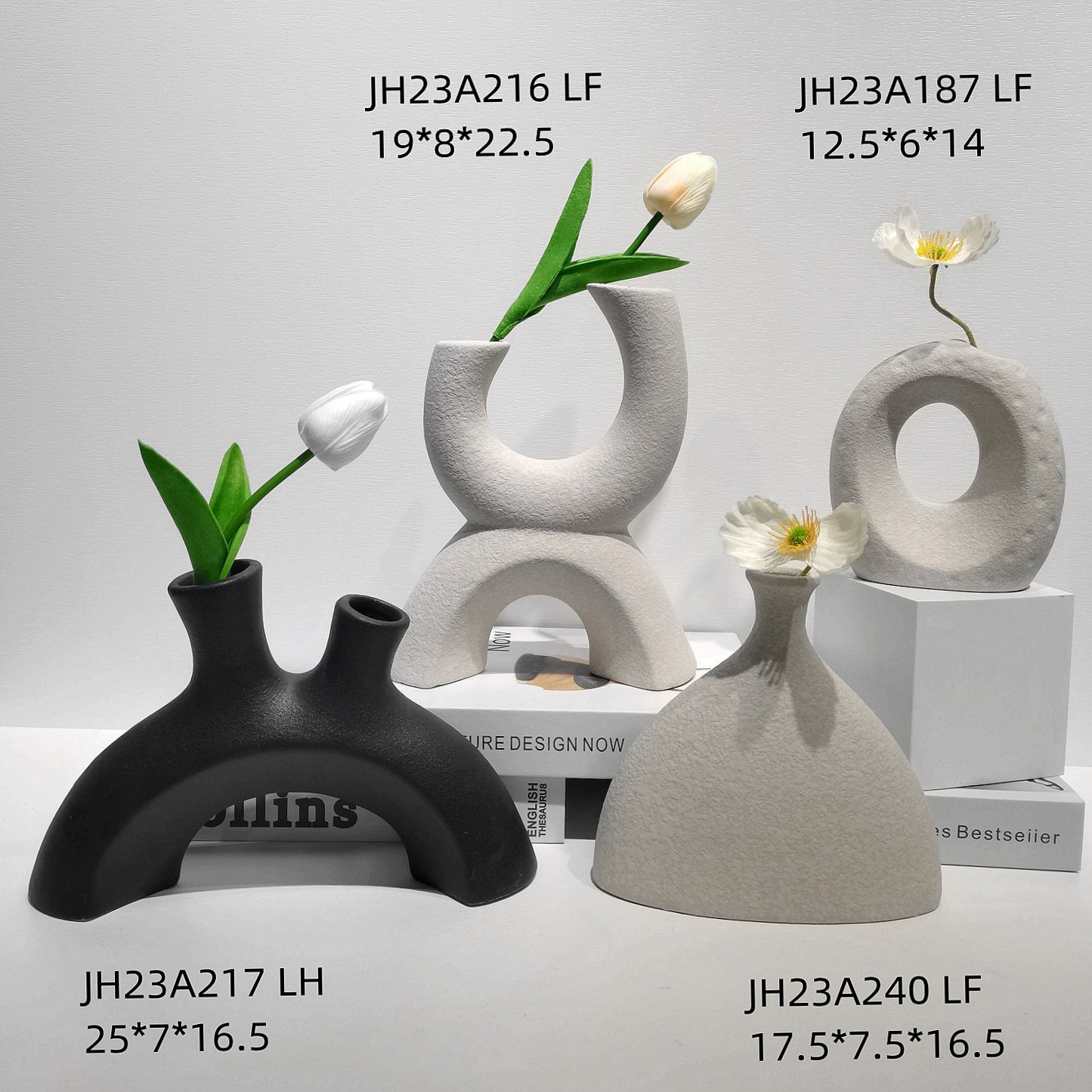 Jarrones Pampa triangulares blancos y negros de alta calidad, jarrones minimalistas nórdicos bohemios, florero geométrico de cerámica mate. 5