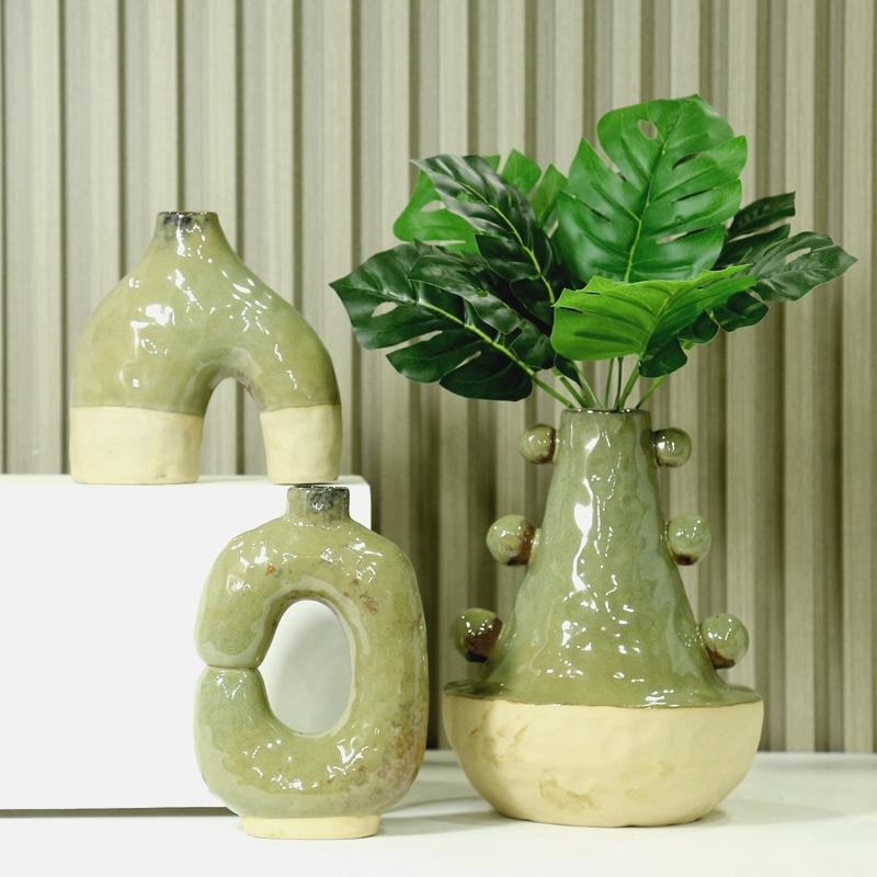 Jarrón pequeño de cerámica verde, estilo zen chino, decoración del hogar, maceta sencilla con flores secas. 1