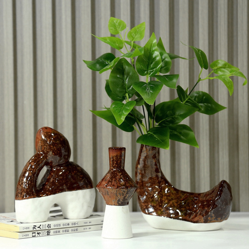 Jarrón de cerámica marrón con horno retro de estilo nórdico, flores secas rurales, decoración del hogar, rosas, regalos para el hogar. 1
