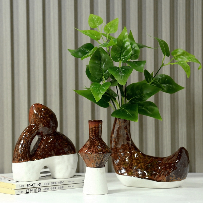 Jarrón de cerámica marrón con horno retro de estilo nórdico, flores secas rurales, decoración del hogar, rosas, regalos para el hogar. 1