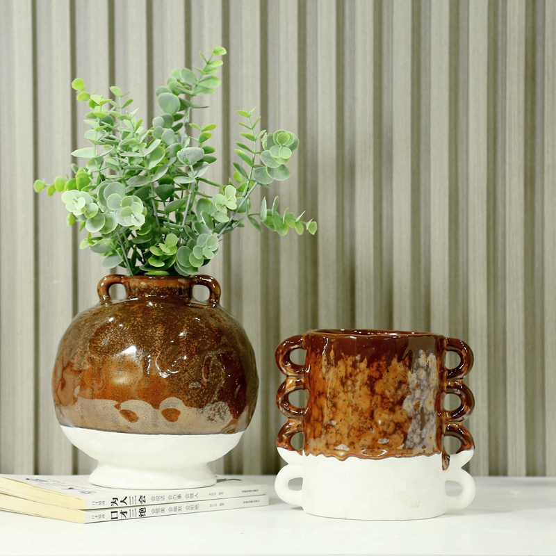 Jarrón de cerámica marrón con horno retro de estilo nórdico, flores secas rurales, decoración del hogar, rosas, regalos para el hogar. 3