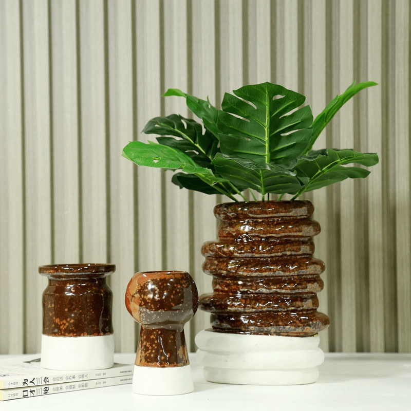 Jarrón de cerámica marrón con horno retro de estilo nórdico, flores secas rurales, decoración del hogar, rosas, regalos para el hogar. 6