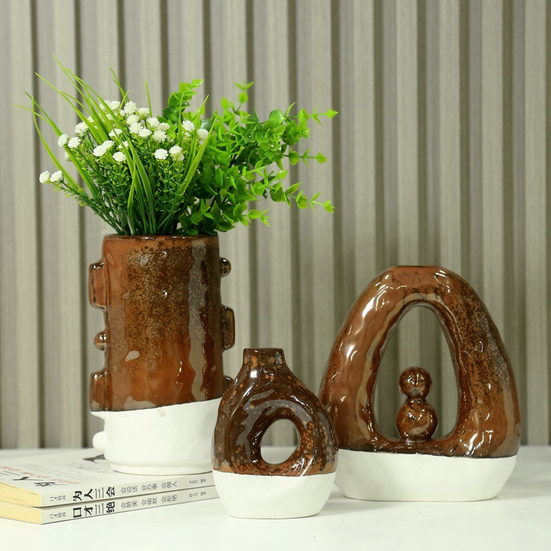 Jarrón de cerámica marrón con horno retro de estilo nórdico, flores secas rurales, decoración del hogar, rosas, regalos para el hogar. 9