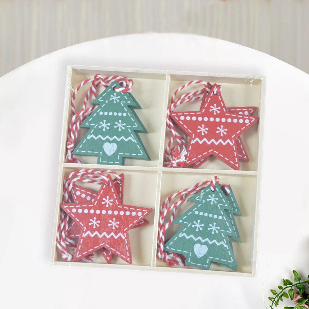 8 piezas/caja de adornos colgantes de madera para Navidad, gnomos, ciervos, para árbol de Navidad, decoración navideña para el hogar, de madera 2