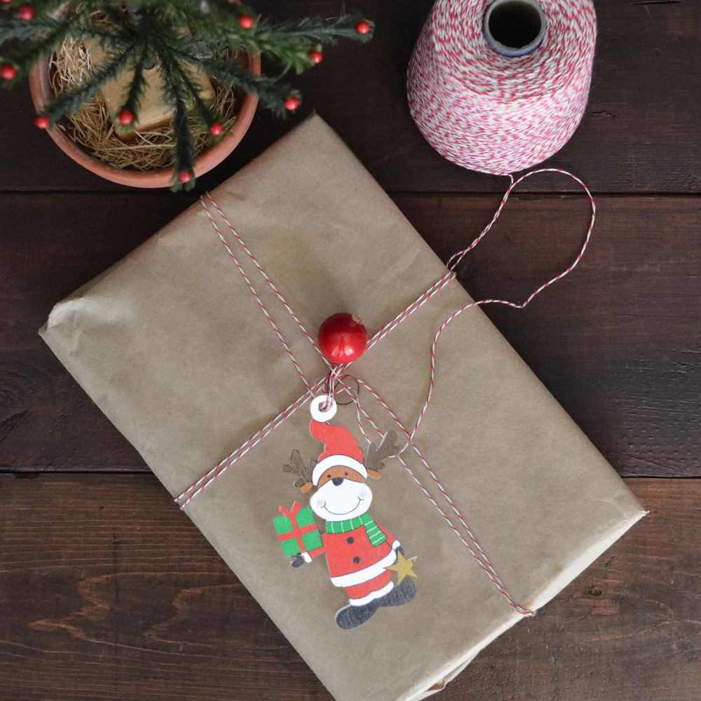 8 piezas/caja de adornos colgantes de madera para Navidad, gnomos, ciervos, para árbol de Navidad, decoración navideña para el hogar, de madera 9