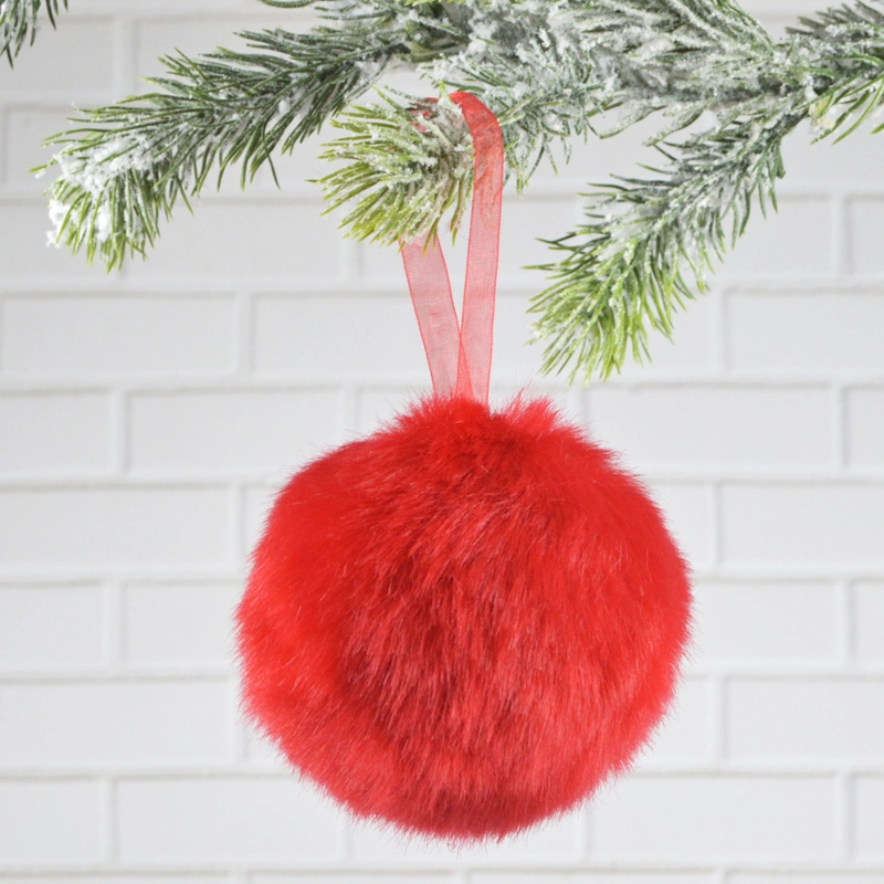 Fuzzy Faux Fur Red Christmas Ball Ornament 1