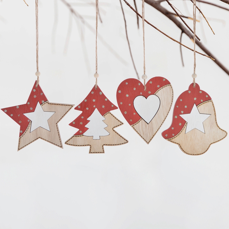 Wooden christmas heart star tree hanging with beads 7